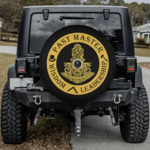 Past Master Freemason emblem wisdom leadership spare tire cover with backup camera hole, gold on black