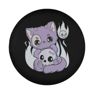 Yami kawaii pastel purple cat with skull and ghost flame design for spare tire cover