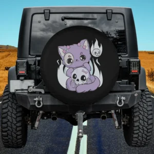 Pastel purple cat hugging skull with ghostly flames yami kawaii spare tire cover no camera hole