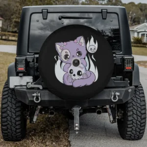 Pastel purple cat skull flame yami kawaii spare tire cover with backup camera hole for Jeep