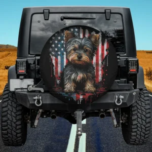 Patriotic American flag Yorkshire Terrier dog spare tire cover without camera hole