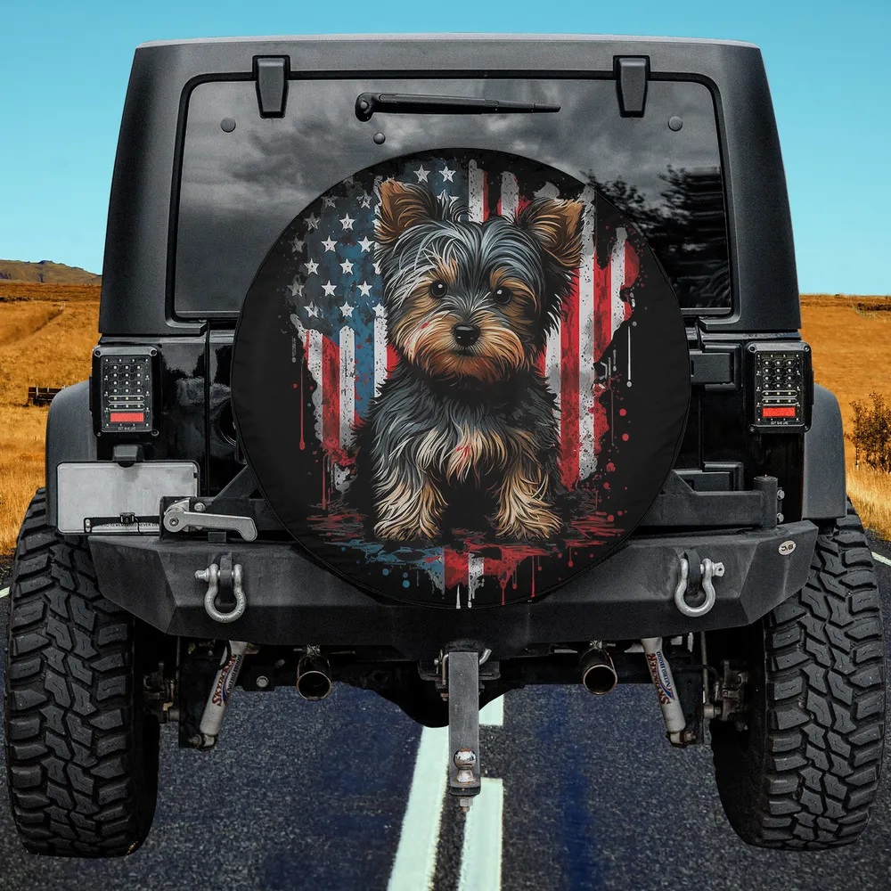Patriotic American flag Yorkshire Terrier dog spare tire cover without camera hole