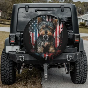 Patriotic American flag Yorkshire Terrier dog spare tire cover with camera hole