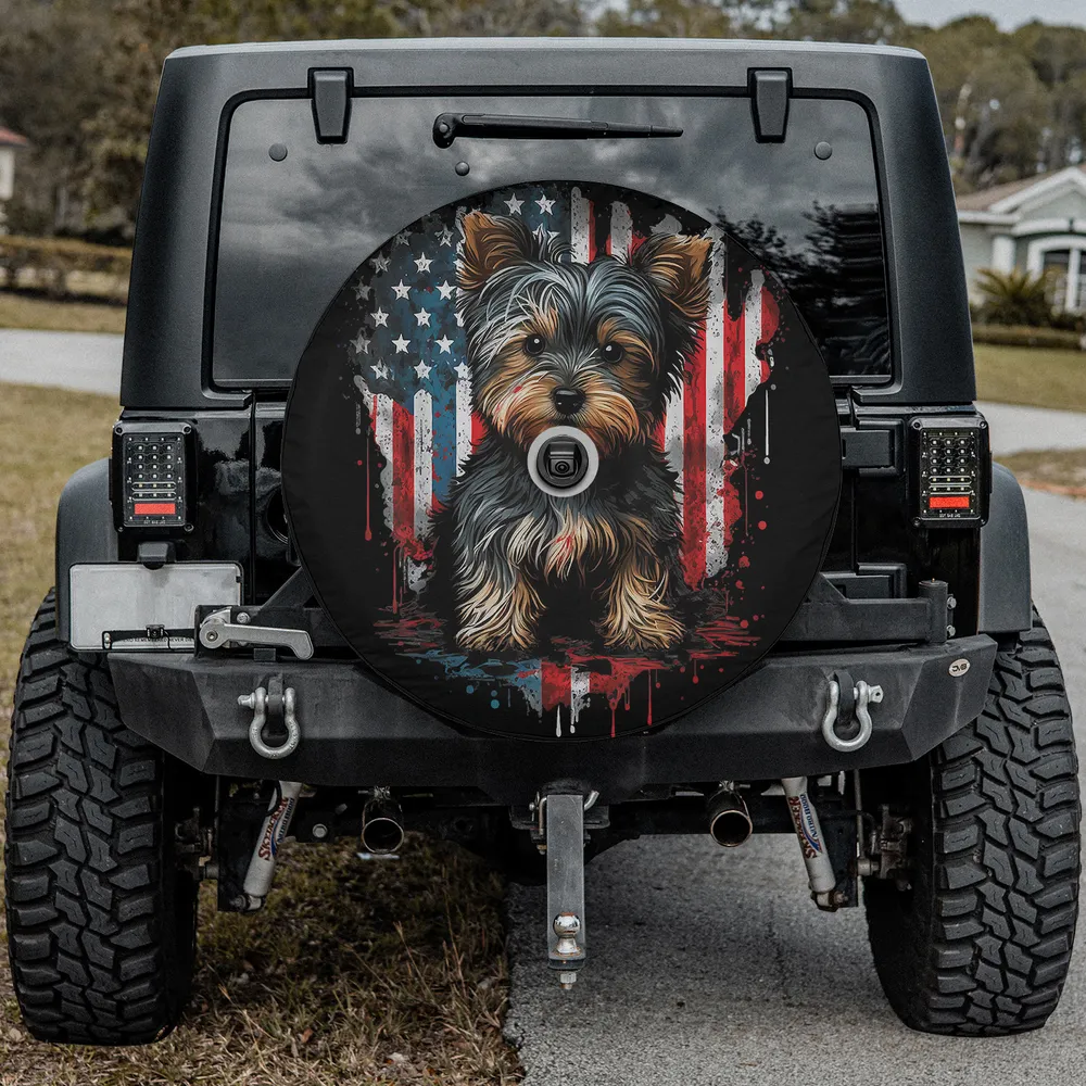 Patriotic American flag Yorkshire Terrier dog spare tire cover with camera hole