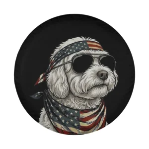 Hand-drawn poodle dog with American flag bandana and sunglasses illustration