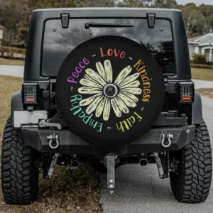 Peace sign daisy pastel words utility trailer spare tire cover with backup camera hole