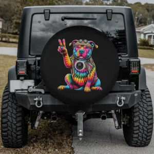 Spare tire cover with peace sign tie dye pit bull dog and camera hole on SUV