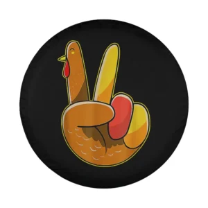 Cartoon turkey hand making peace sign thanksgiving spare tire cover design