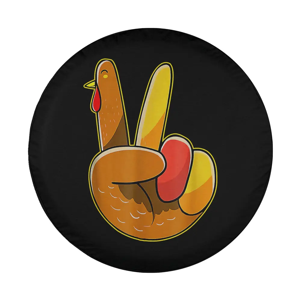 Cartoon turkey hand making peace sign thanksgiving spare tire cover design
