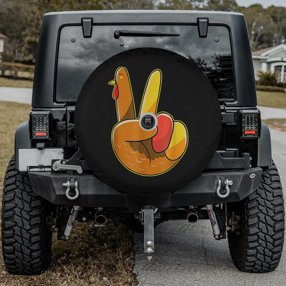 Peace sign turkey hand thanksgiving spare tire cover with backup camera hole for SUV