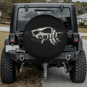 Peeking scary skeleton spooky Halloween spare tire cover with camera hole