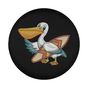 Cartoon pelican holding surfboard retro Hawaiian design for spare tire cover