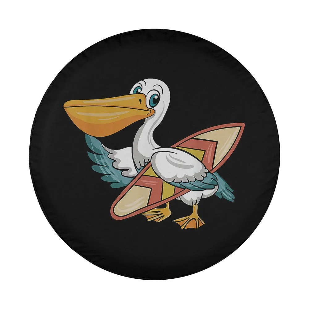 Cartoon pelican holding surfboard retro Hawaiian design for spare tire cover