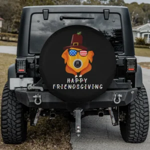 Friendsgiving turkey spare tire cover with pilgrim hat and American flag sunglasses, with backup camera hole