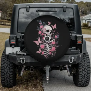 Pink butterflies and roses skeleton fairycore spare tire cover with camera hole for SUV