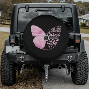 pink butterfly Philippians 413 Christian faith spare tire cover with camera hole