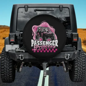 Pink cartoon UTV passenger princess funny spare tire cover on Jeep for travel trailer