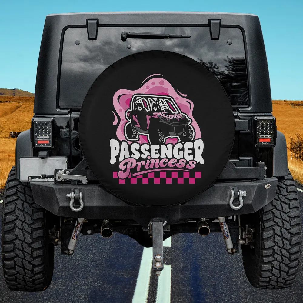 Pink cartoon UTV passenger princess funny spare tire cover on Jeep for travel trailer