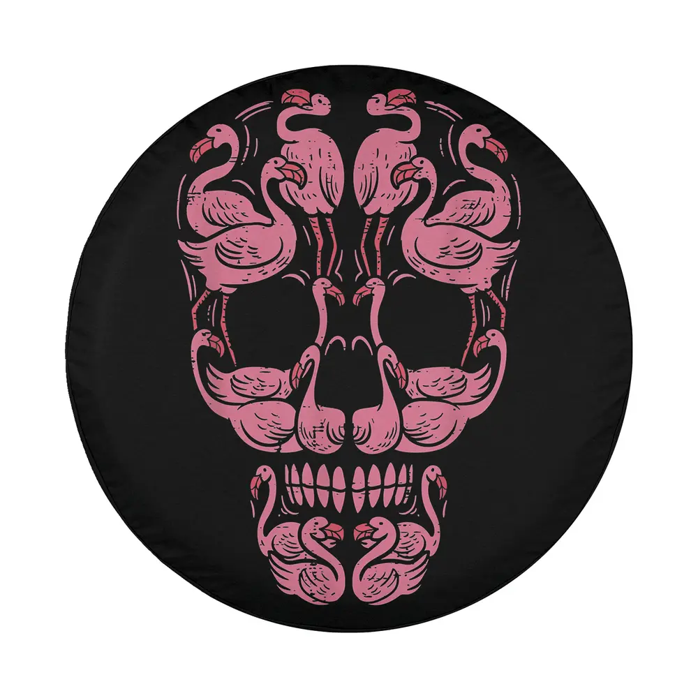 Pink flamingo skull breast cancer awareness Halloween spare tire cover design close-up