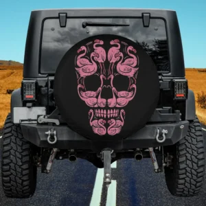 Pink flamingo skull breast cancer awareness Halloween spare tire cover without camera hole
