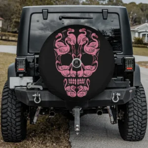 Pink flamingo skull breast cancer awareness Halloween spare tire cover with camera hole