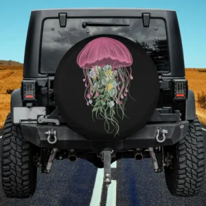 Pink jellyfish floral bouquet ocean animal spare tire cover with no camera hole on Jeep