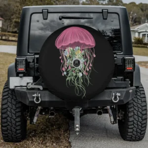 Pink jellyfish floral bouquet ocean animal spare tire cover with backup camera hole for SUV