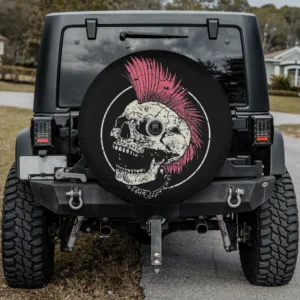 Spare tire cover with pink mohawk skull and spiked collar, punk Halloween Jeep style