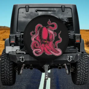 Pink octopus with swirling tentacles sea inhabitant spare tire cover on Jeep, no camera hole