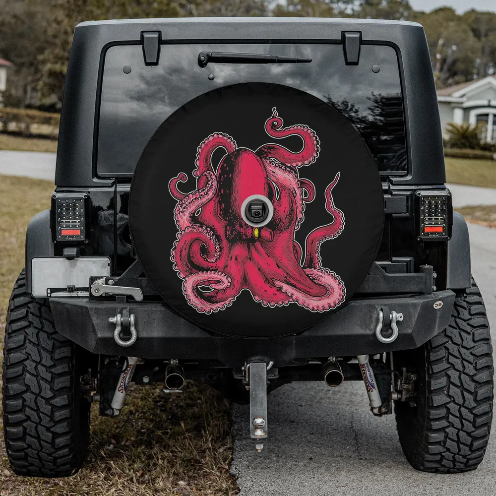 Pink octopus swirling tentacles sea inhabitant spare tire cover with camera hole for SUV