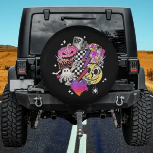 Pink Pumpkin Ghost Checkered Lightning Bolt Spare Tire Cover No Camera Hole