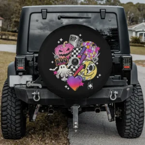 Pink pumpkin ghost and checkered lightning bolt Halloween spare tire cover with camera hole for Jeep or SUV