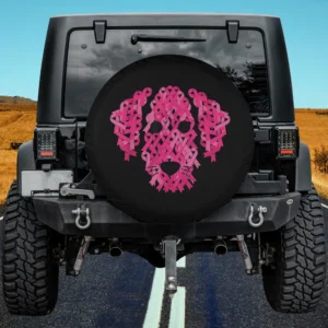 Pink ribbon dog face breast cancer awareness spare tire cover with no camera hole on Jeep