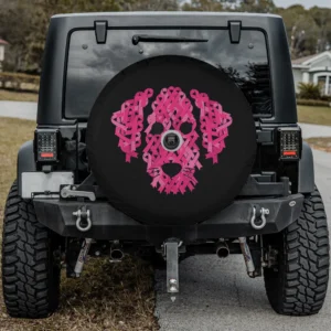Pink ribbon dog face breast cancer awareness spare tire cover with backup camera hole for SUV