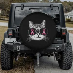 Pink ribbon sunglasses cat breast cancer awareness spare tire cover with camera hole for Jeep SUV RV