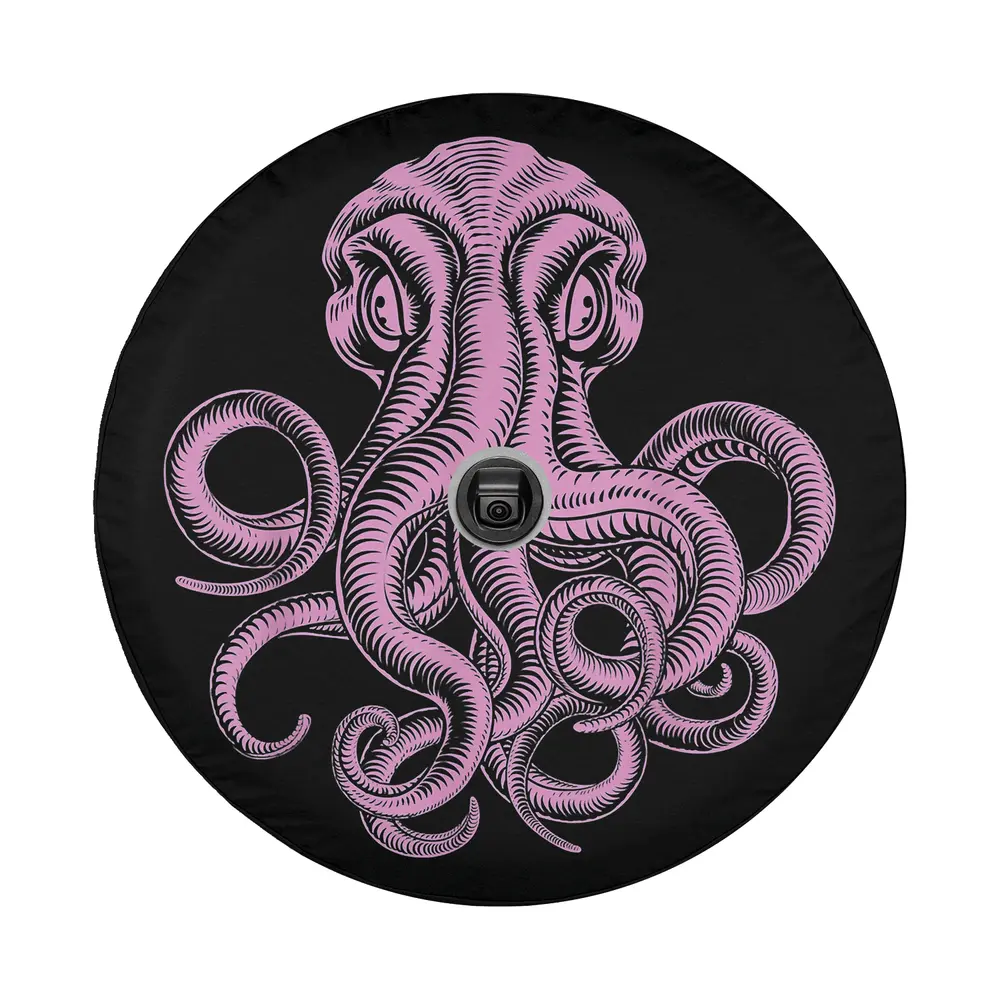 Pink vintage octopus eight armed detailed tentacles design on black background