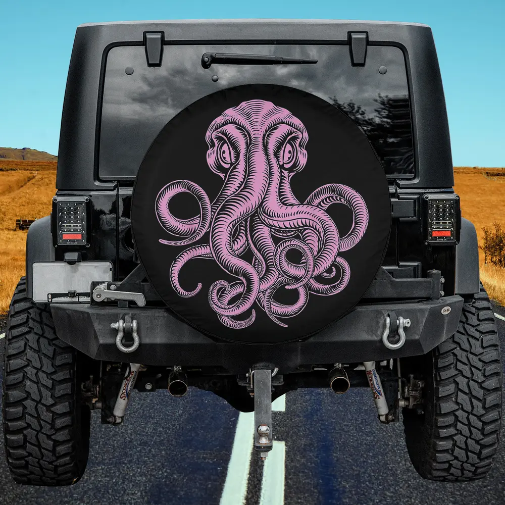 Pink vintage octopus eight armed spare tire cover without camera hole on Jeep