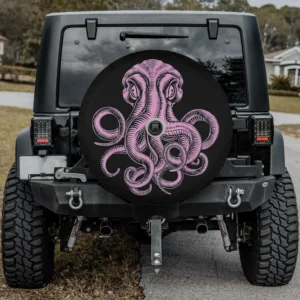 Pink vintage octopus eight armed spare tire cover with camera hole on SUV