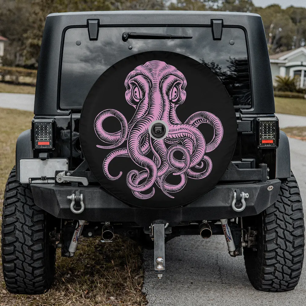 Pink vintage octopus eight armed spare tire cover with camera hole on SUV