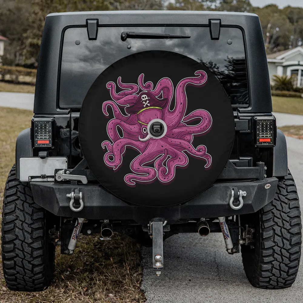 pirate hat purple octopus cartoon sea spare tire cover with backup camera hole