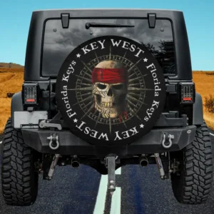 Red bandana pirate skull with compass and Key West Florida Keys text spare tire cover, no camera hole