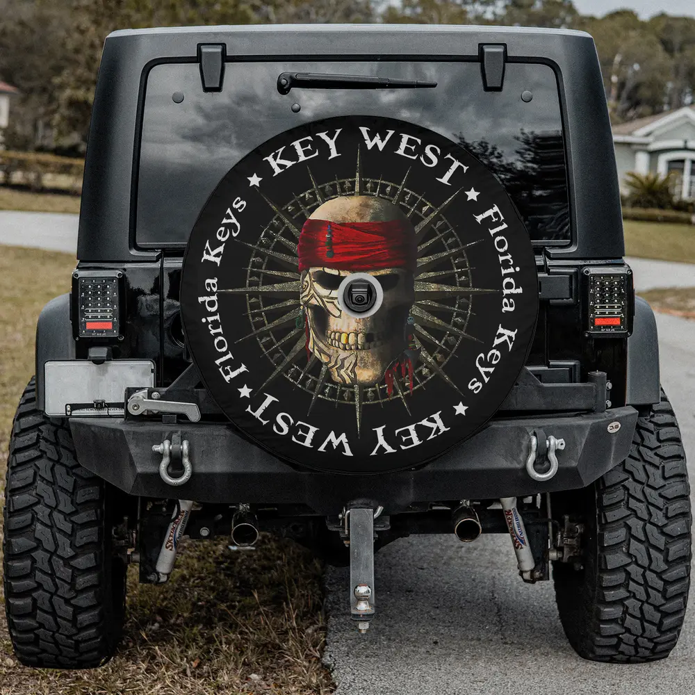 Red bandana pirate skull compass Key West Florida Keys spare tire cover with backup camera hole