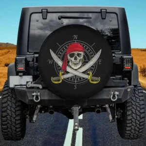 Pirate skull with cutlasses and compass distressed spare tire cover no camera hole