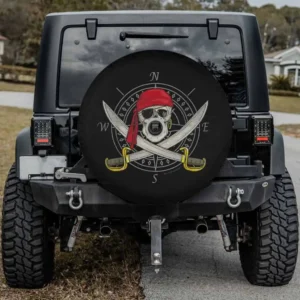 Pirate skull cutlasses compass distressed spare tire cover with backup camera hole