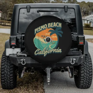 vintage sunset wave palm pismo beach california spare tire cover with camera hole