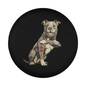 Cartoon pit bull terrier with I love dad tattoo dog spare tire cover design