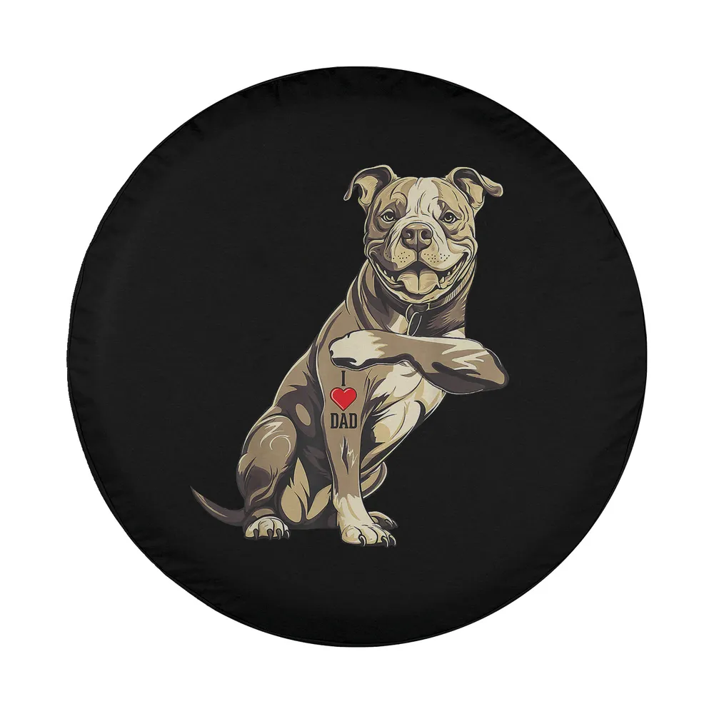Cartoon pit bull terrier with I love dad tattoo dog spare tire cover design