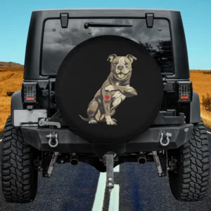 Pit bull terrier I love dad tattoo dog spare tire cover on Jeep, no camera hole