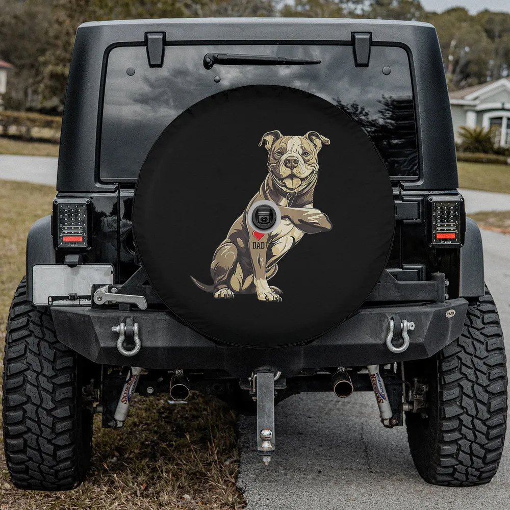 Pit bull terrier I love dad tattoo dog spare tire cover with backup camera hole option