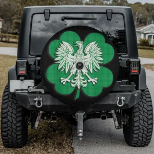 Spare tire cover with plaid green shamrock and Polish eagle, backup camera hole option